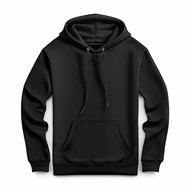 Black hoodie mockup with hood and pocket isolated on white background