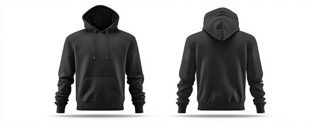 Photo black hoodie sweatshirt mockup featuring a front and back view on a white background