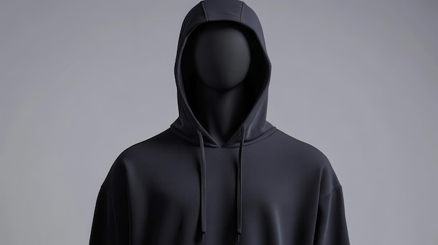 Photo black hoodie with a hidden face and gray background