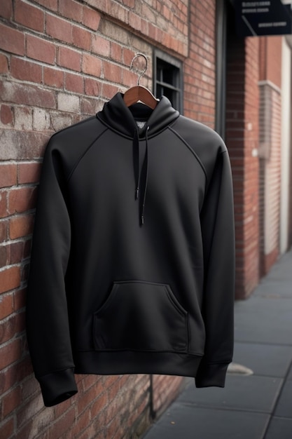 A black hoodie with a white tag that says the word on it