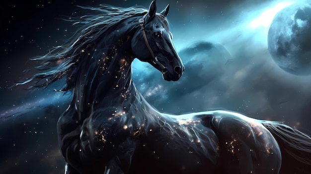 A black horse in a deep space with a moon for background