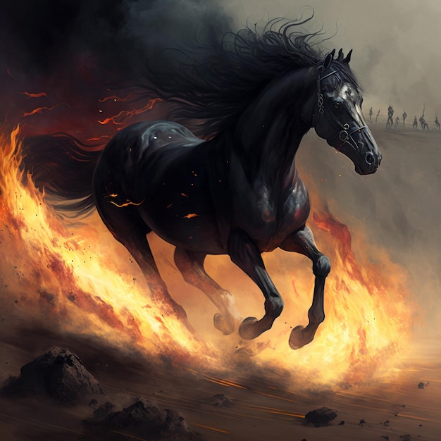 A black horse engulfed in flames gallops across the scorched earth