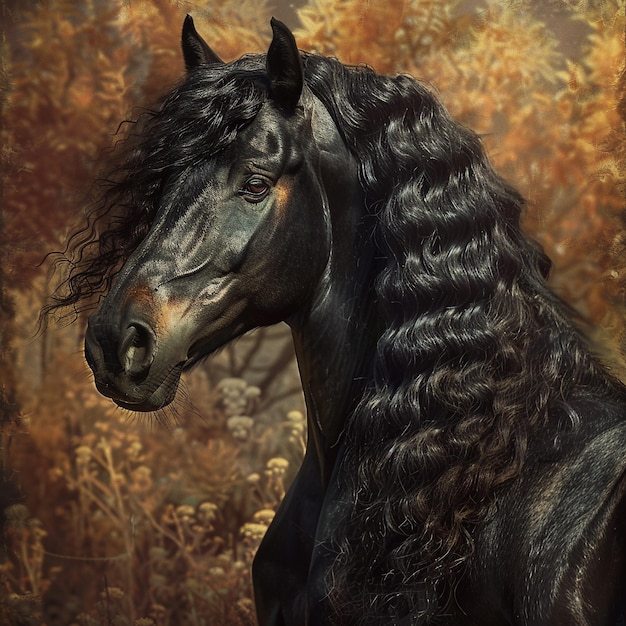 Photo a black horse in the forest with a brown background