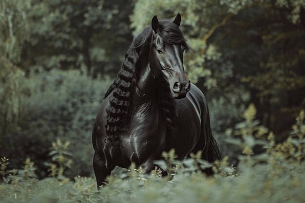 Photo a black horse in the forest with a green background