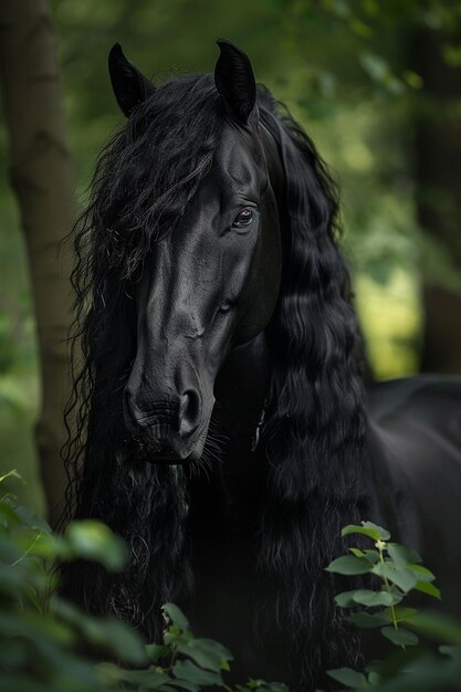 Photo a black horse in the forest with a green background