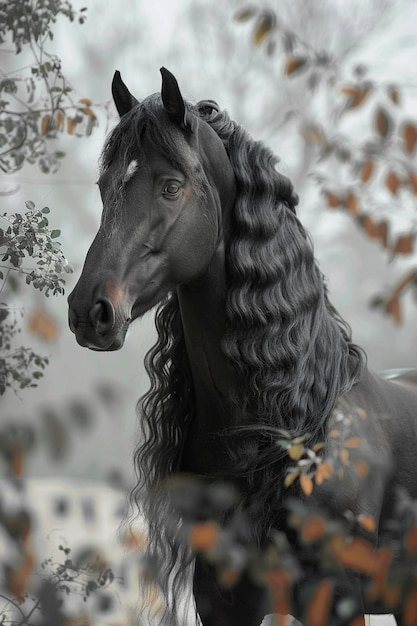 Photo a black horse in the forest with a white tons background