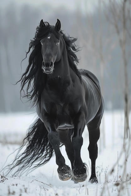 Photo a black horse in the forest with a white tons background