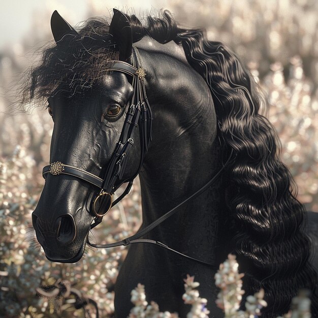 Photo a black horse in the forest with a white tons background