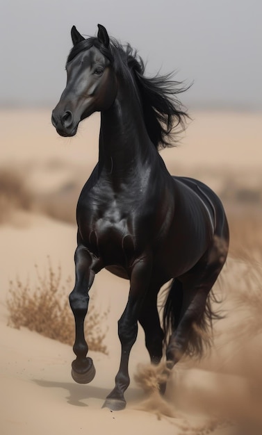 Black horse galloping on sand in the desert