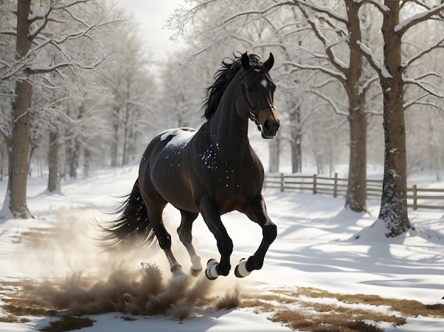 black horse runing photo during snowfall