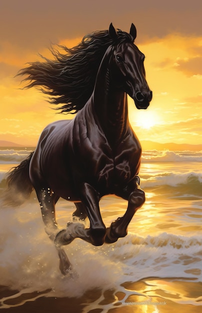 Black horse runing sunset beach ai generated image High quality ai generated image