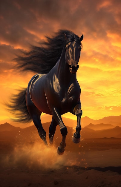 Black horse running desert black horse runing sunset ai generated image High quality ai generated image