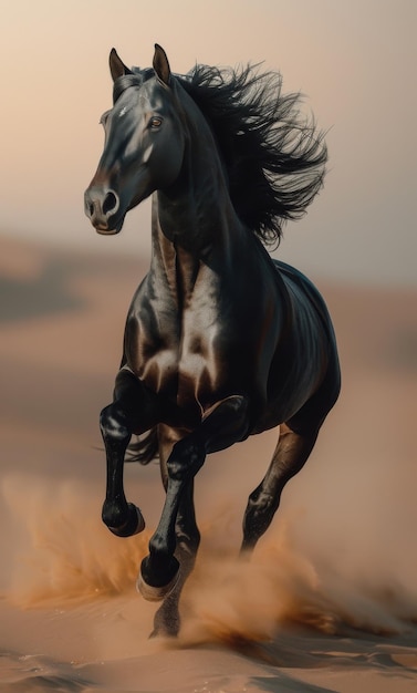 Black horse runs in the desert A horse galloping on sand in the desert