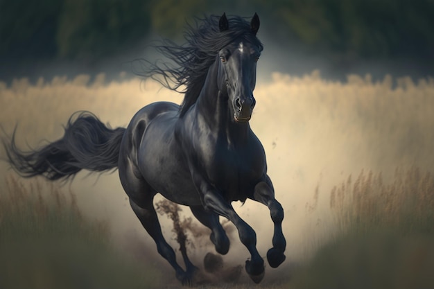 A black horse runs through a field of golden grass.