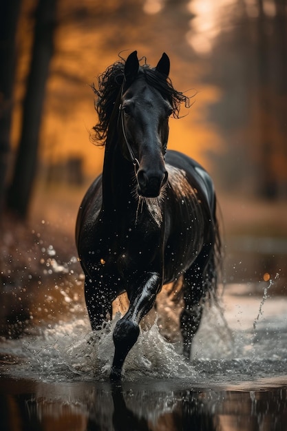 A black horse runs through the water Black horse runs in the water in autumn