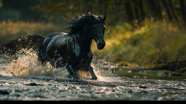 Photo a black horse runs through water with a man in the background