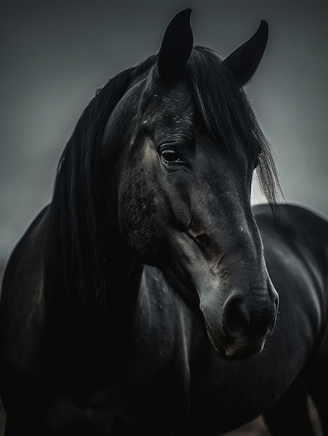 A black horse with a long mane and a black mane.