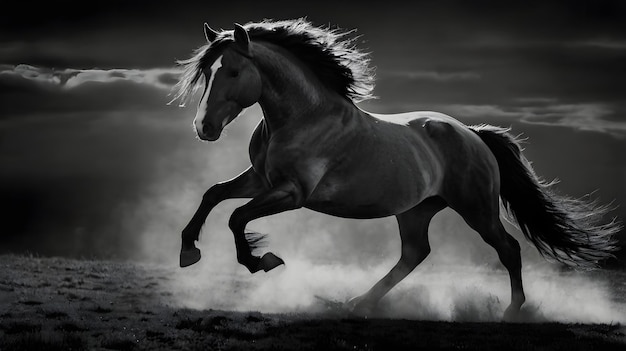 Photo a black horse with a long mane running through the air in front of a dark sky with clouds in the bac