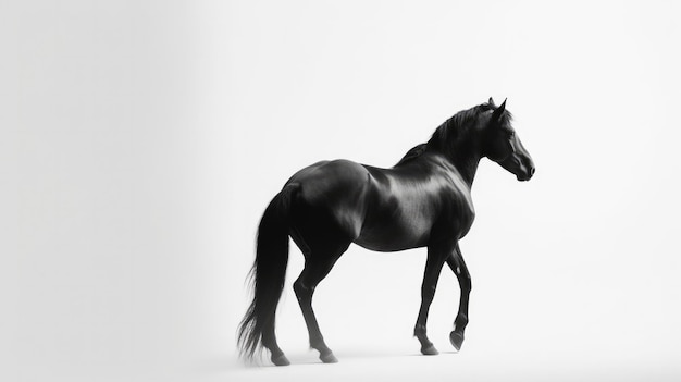 A black horse with a long tail stands in front of a white background.