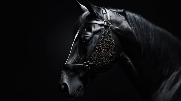 a black horse with a silver bridle and a black background