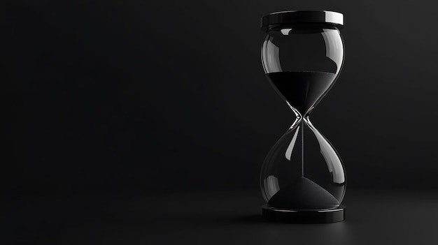 A black hourglass with sand flowing down against a black background