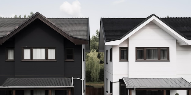 A black house with white siding and a black roof.