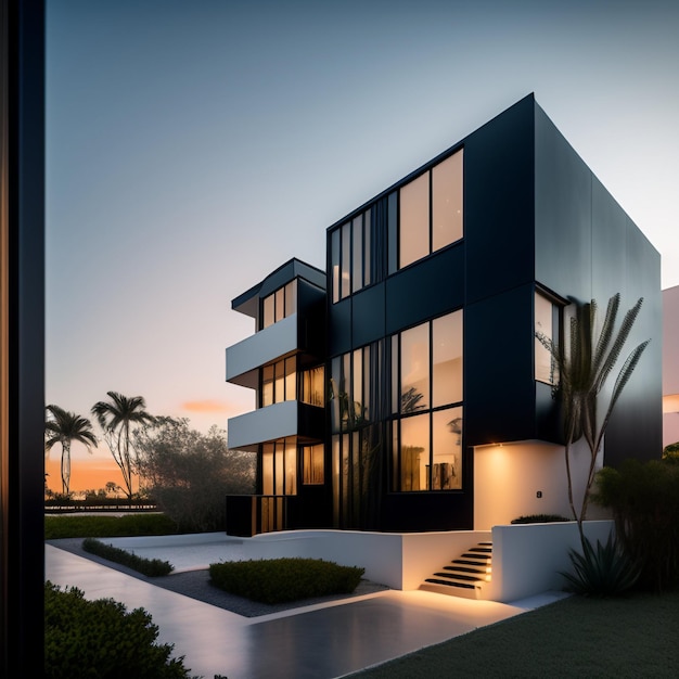 A black house with a white staircase and a palm tree in the background.