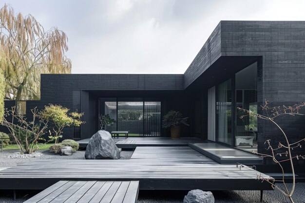 Photo a black house with a wooden deck in front of it