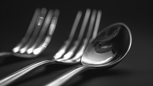 Photo black image of stainless forks and spoon closeup stainless forks with a blurred back generative ai