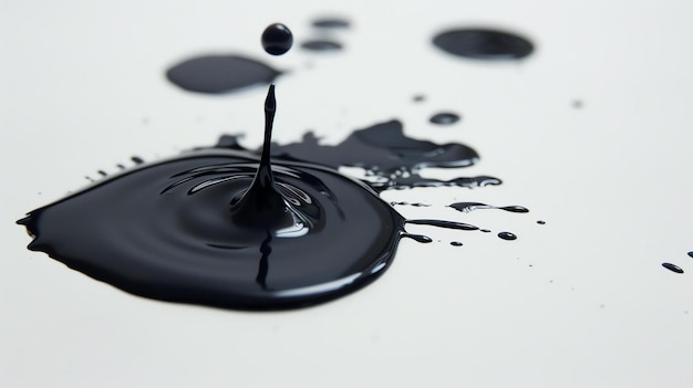 Photo black ink drop falling into a pool of ink the drop is perfectly round and symmetrical the pool of ink is also perfectly smooth and reflective