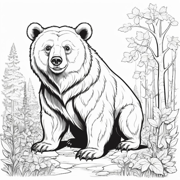 Black ink Illustration of a bear for a children coloring book