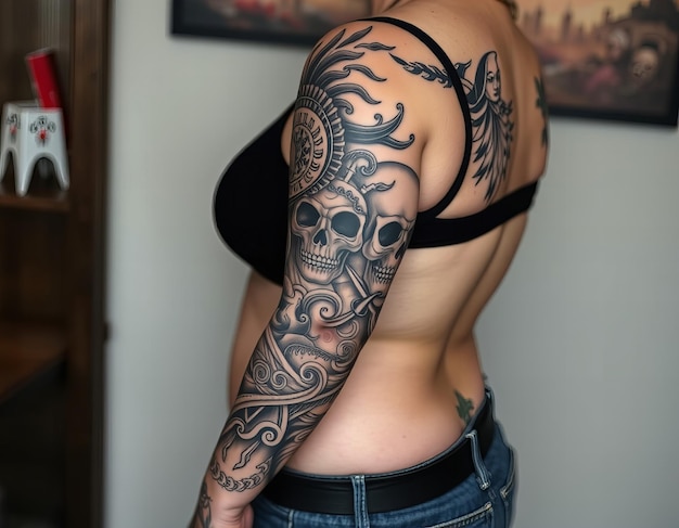 Black ink tattoo arm sleeve of warrior tribal patterns skulls