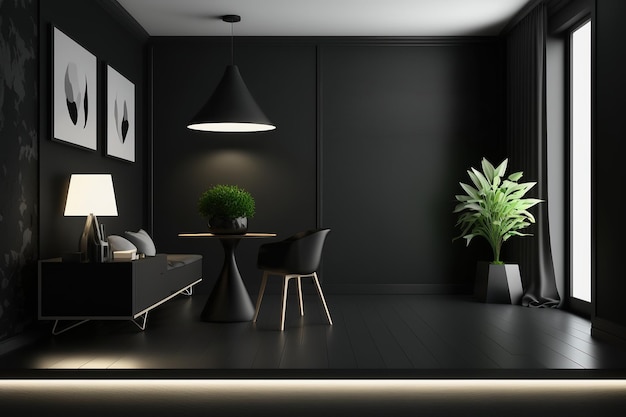 Black interior luxury style Living room with dark walls Minimalistic apartment design Generative Ai