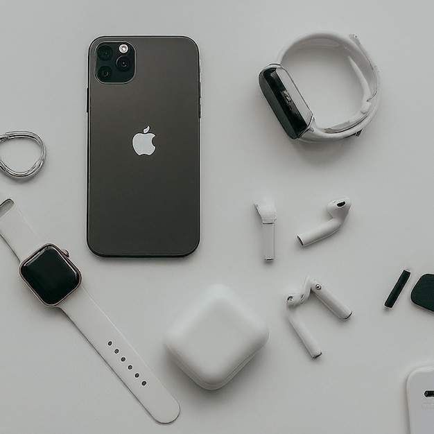 Photo a black iphone is laying on a table with other items including an iphone a watch and a watch