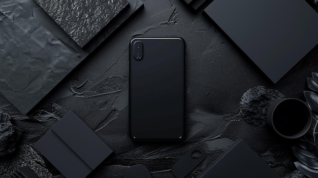 a black iphone is sitting on a black surface with a black background