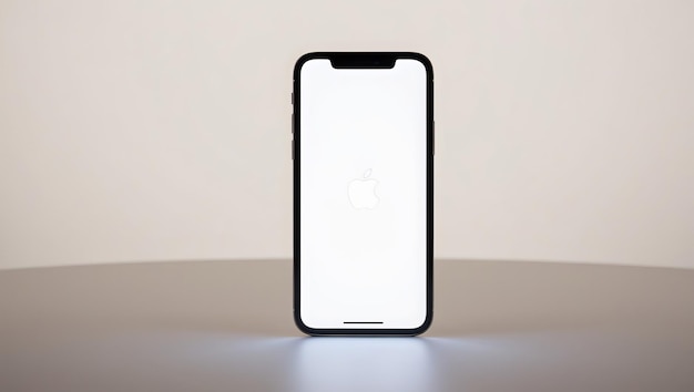 a black iphone with a white screen that says apple on the back