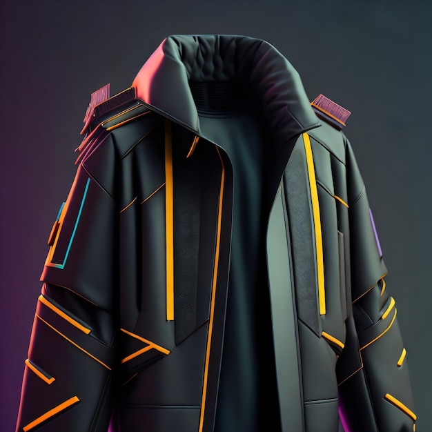 A black jacket with neon orange and yellow lines is displayed.