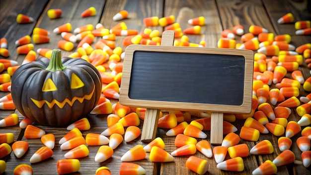 Photo black jackolantern with candy corn and chalkboard sign