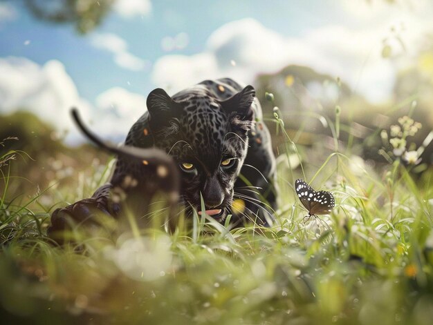 Photo a black jaguar is in the grass and is looking at a butterfly