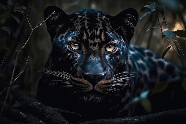 A black jaguar is in the jungle with the sun shining through the leaves.