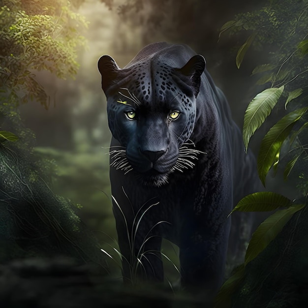 A black jaguar is walking through a forest with green leaves.