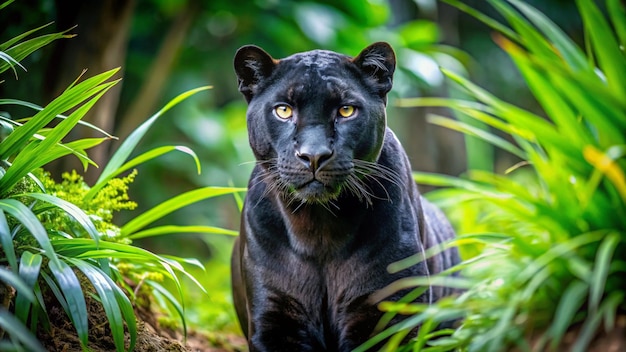 a black jaguar sits in the grass with the yellow eyes