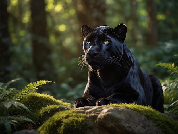 a black jaguar sits on a rock in the forest