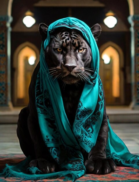 Photo black jaguar turquoise islamic scarf mosque