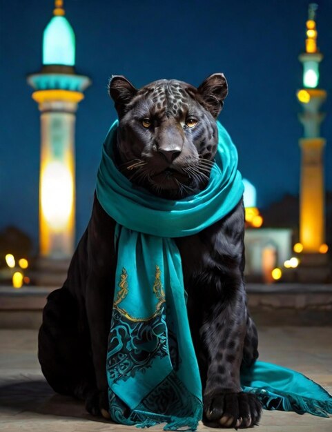 Photo black jaguar turquoise mosque night scarf