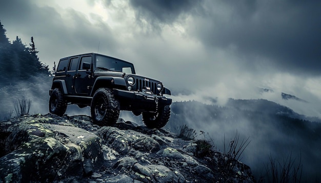 Black jeep climbing on a rocks