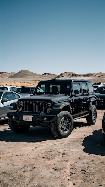 A black jeep is parked in a desert with other cars