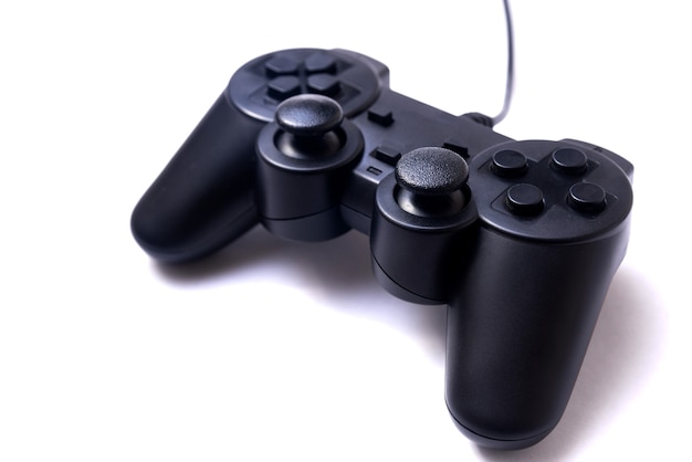 Black joystick on a white background, gaming entertainment concept