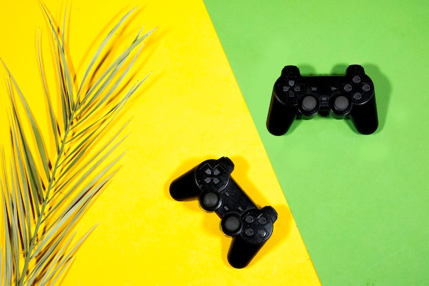 black joysticks game controller with palm leaf isolated on yellow and green background