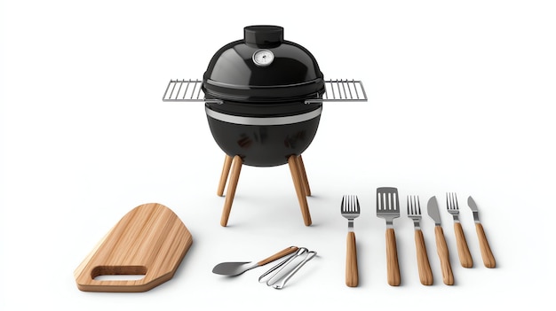 Photo a black kettle grill with wooden legs and a set of grilling utensils